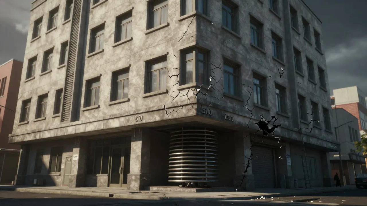 Erdbebenfestes Gebäude bleibt unversehrt, während benachbarte Strukturen beschädigt sind.