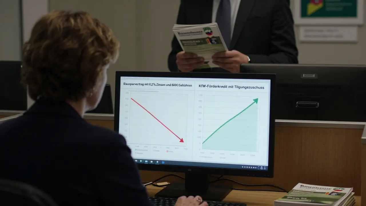 Frau in Bank vor Computer mit Vergleich von Bausparvertrag und KfW-Förderkredit, Schatten einer Bankberaterin.