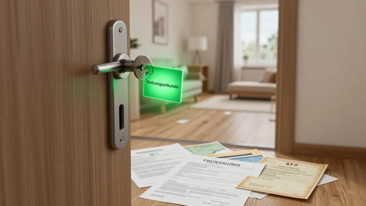 Geschlossene Tür mit fehlenden Dokumenten vor ihr – Nutzungsurkunde als Schlüssel.
