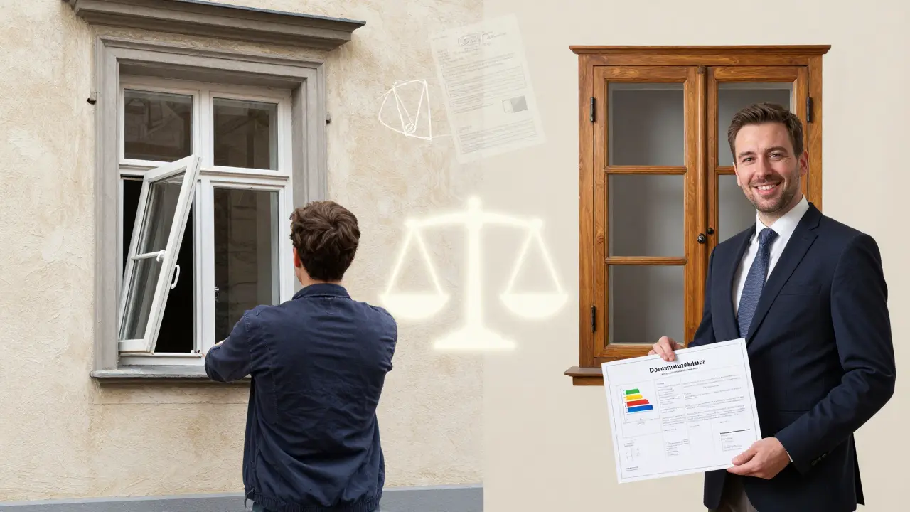 Gesichter eines Hausbesitzers: links mit Abbruchbefehl, rechts mit Genehmigung für denkmalgerechte Sanierung.