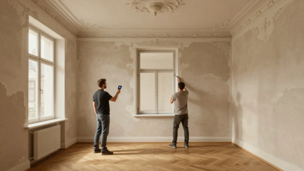 Innendämmung mit Kalkputz wird an Wänden eines historischen Wohnhauses angebracht, originaler Stuck und Parkett bleiben sichtbar.