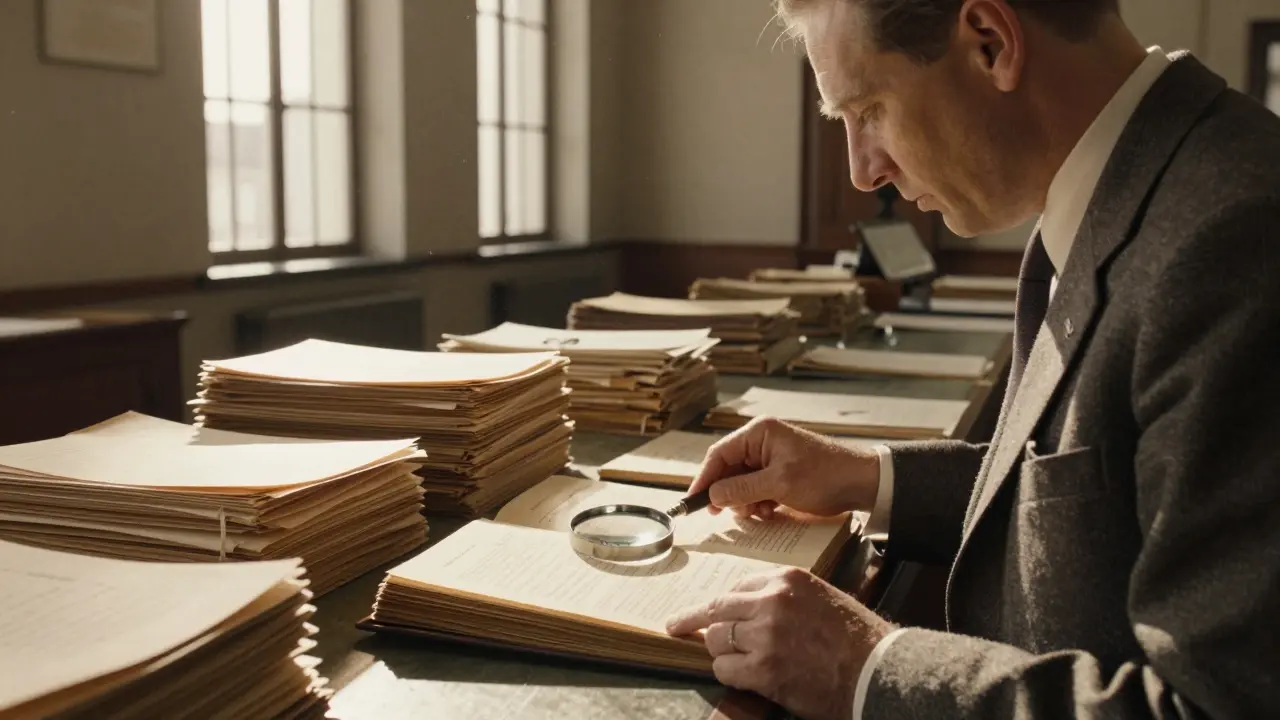 Mann untersucht im Rathaus ein altes Baulastenverzeichnis mit einem Lupe, Sonnenlicht fällt auf die Dokumente und Flurstücksnummern.