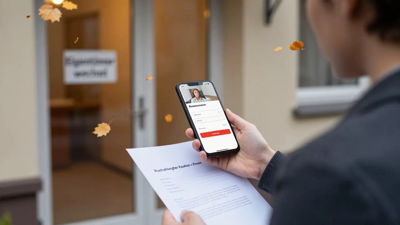 Mieter erhält eine Rückzahlungsmitteilung vor der alten Wohnung mit Fotos aus Einzug.