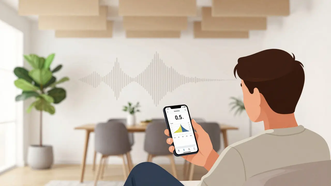 Person misst mit Smartphone die Raumakustik, während Akustiksegel und Pflanzen den Klang verbessern.