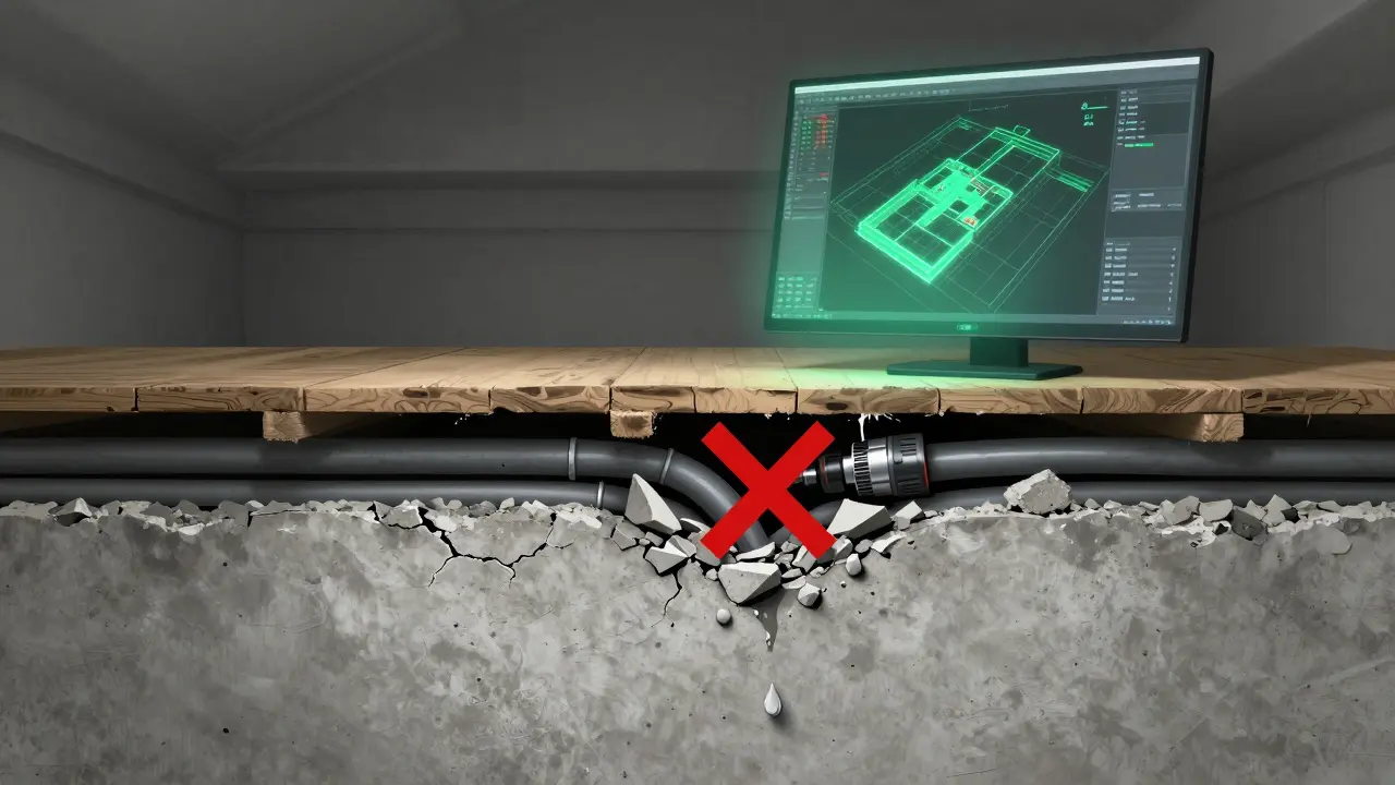 Querschnitt einer Decke mit kollidierenden Heizrohren und Kabelkanälen, ein Bohrer hat ein Rohr durchtrennt.