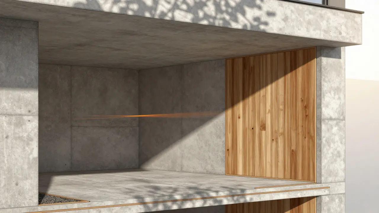 Querschnitt mit Betonwänden und außenliegenden Markisen, Wärmespeicherung