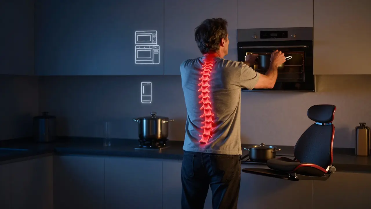 Rückensilhouette zeigt den Übergang von verkrümmter zu gerader Haltung durch ergonomische Geräteplatzierung.