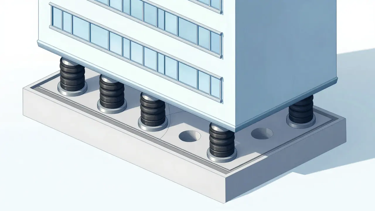 Schnittansicht einer Basisisolation unter einem Krankenhaus mit Gummiblöcken.