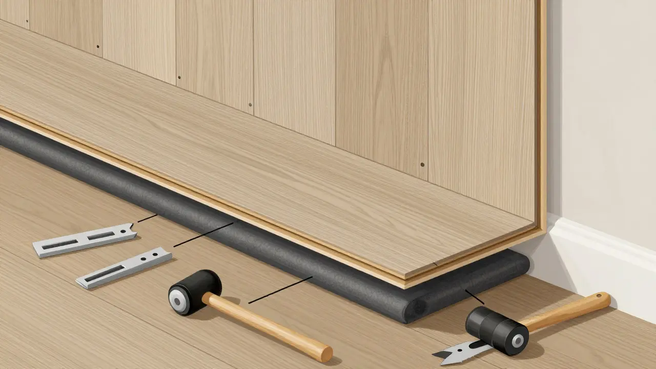 Schnittansicht eines korrekt verlegten Vinylbodens mit Dehnungsfuge, Dampfsperre und Klickverbindung, umgeben von Werkzeugen.