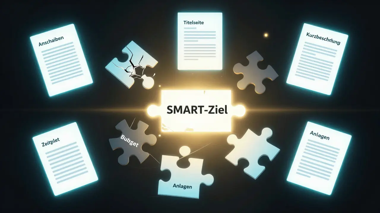 Sieben Dokumente als Puzzlestücke um ein zentrales SMART-Ziel, eines davon beschädigt.