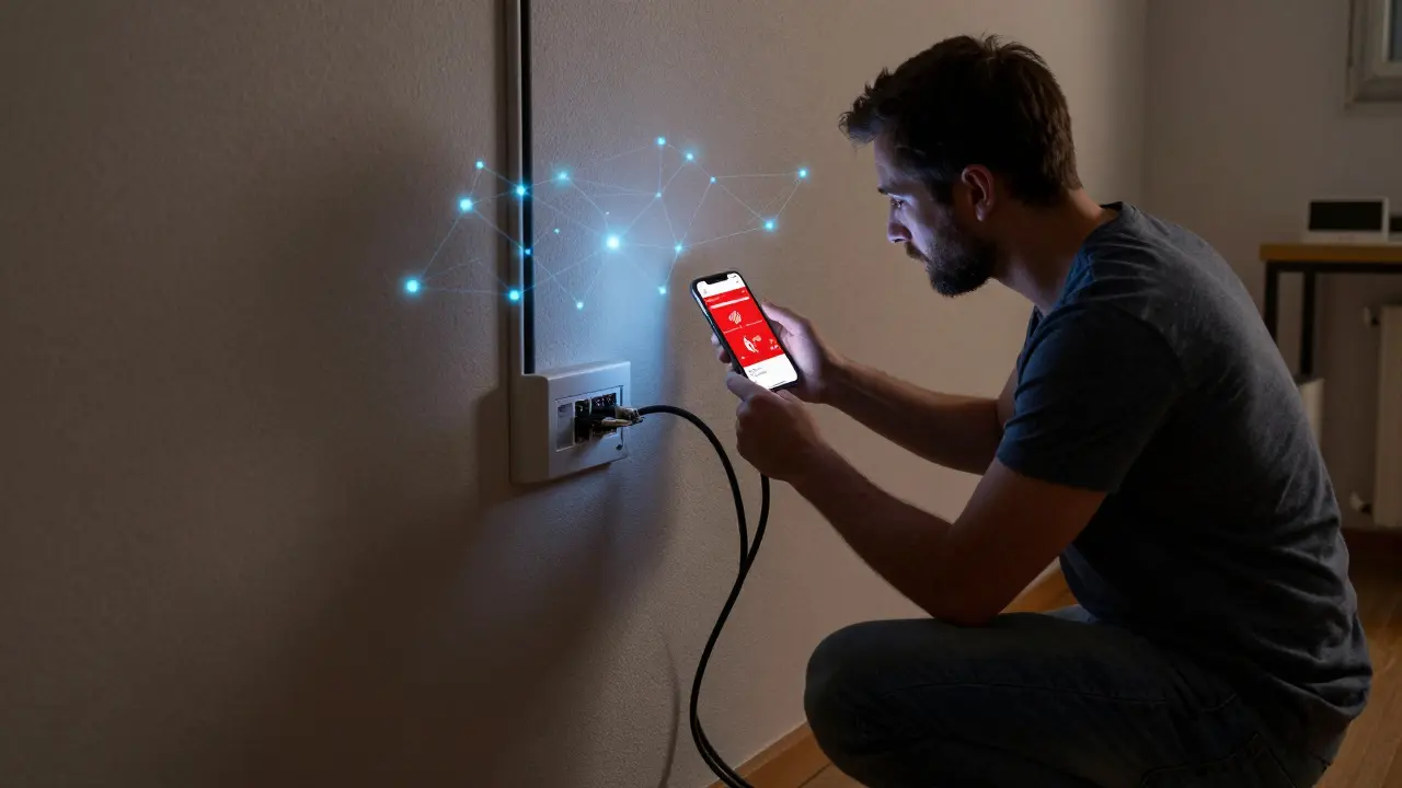 Techniker analysiert schwache WLAN-Signale im Keller mit Smartphone-App, während Cat-6-Kabel korrekt verlegt werden.