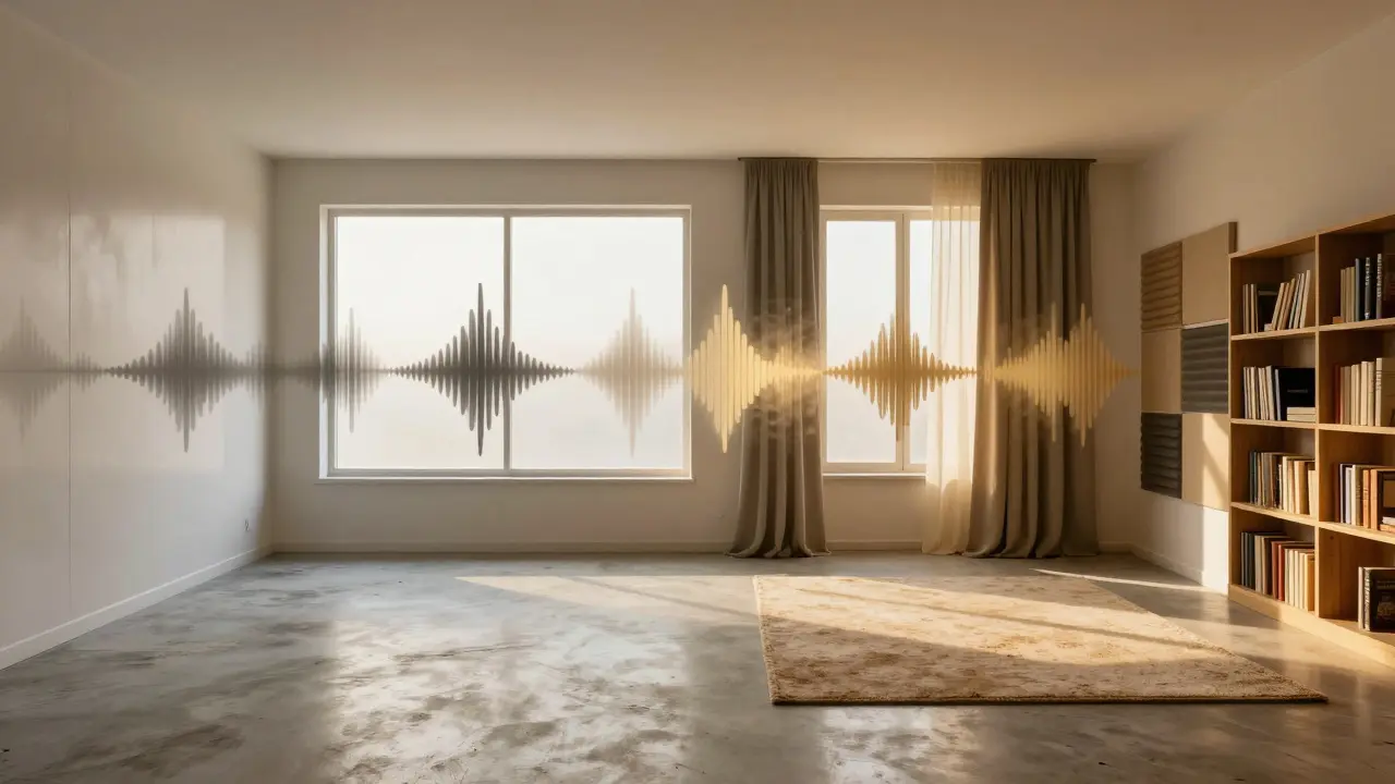 Vergleich: chaotische Schallreflexionen links, absorbierte und gestreute Wellen rechts – Akustikoptimierung.