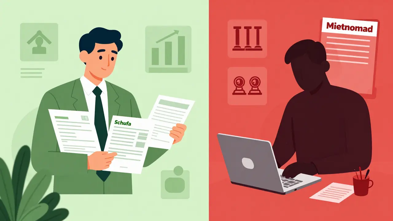 Vergleich: Ein sorgfältiger Vermieter prüft Dokumente – gegenüber einem Betrüger, der Fälschungen erstellt.