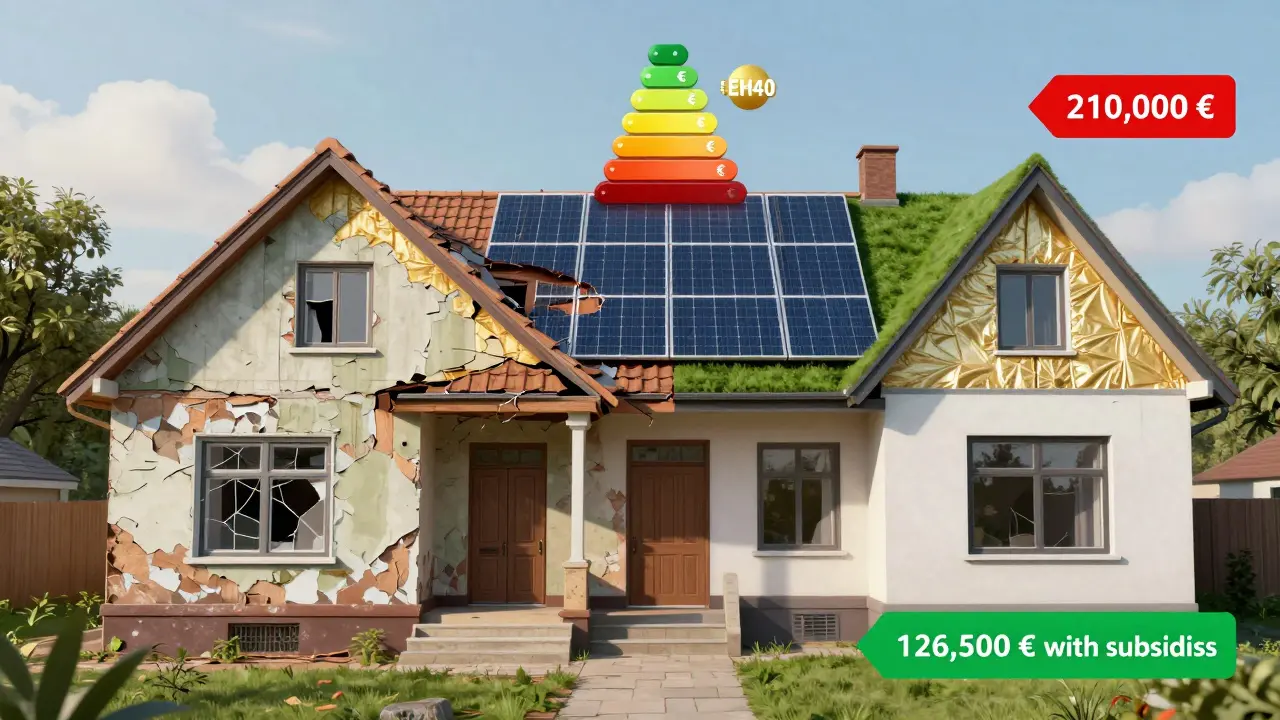 Vergleich: ein verfallenes Haus links, nach Sanierung rechts mit moderner Dämmung und Solardächern, symbolisiert durch EH40-Energiezeichen.