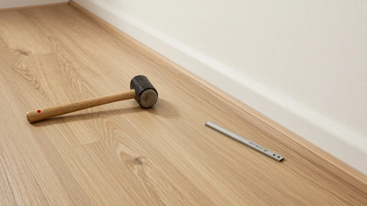 Vergleich: ein verlegter Vinylboden mit zu kleiner Fuge (links) und eine korrekt installierte Kante (rechts) mit Abstandskeilen.