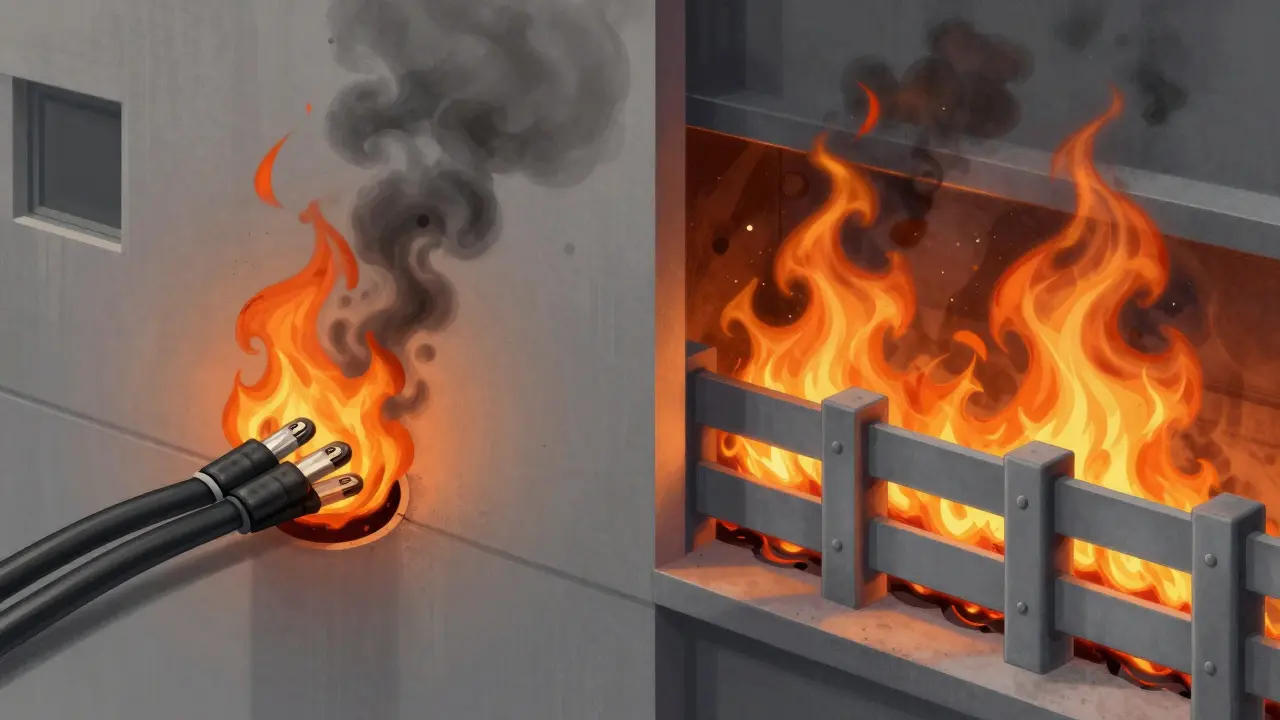 Vergleich: links ausbrechendes Feuer durch ungedichtete Kabeldurchführungen, rechts eingeschlossenes Feuer durch korrekte Brandschutzmaßnahmen.