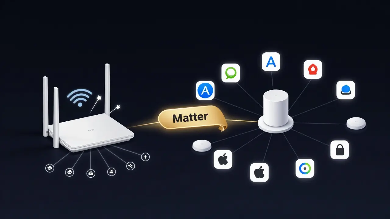 Vergleich: Überlastetes WLAN-Netzwerk links vs. stabiles Matter-Mesh-Netzwerk rechts mit interoperablen Geräten.