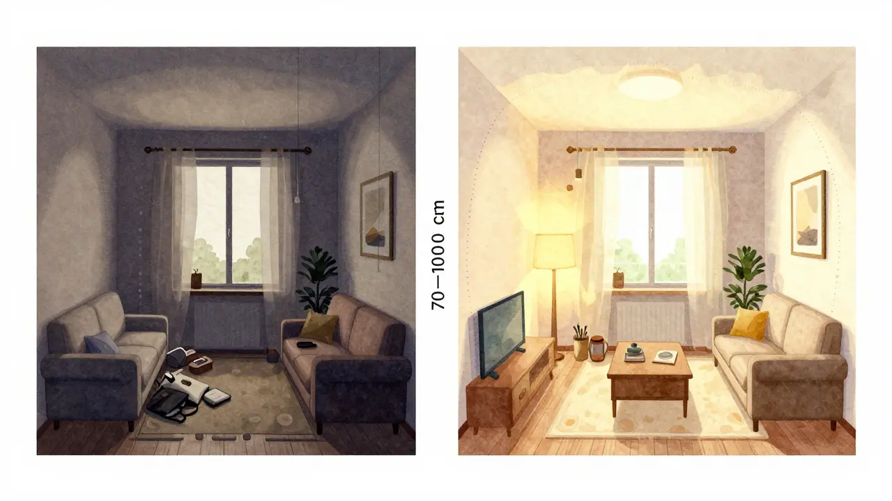 Vergleich zweier Wohnzimmer: links chaotisch mit eingeschränktem Durchgang, rechts optimal geplant mit klaren Bewegungszonen und Schichten aus Licht.