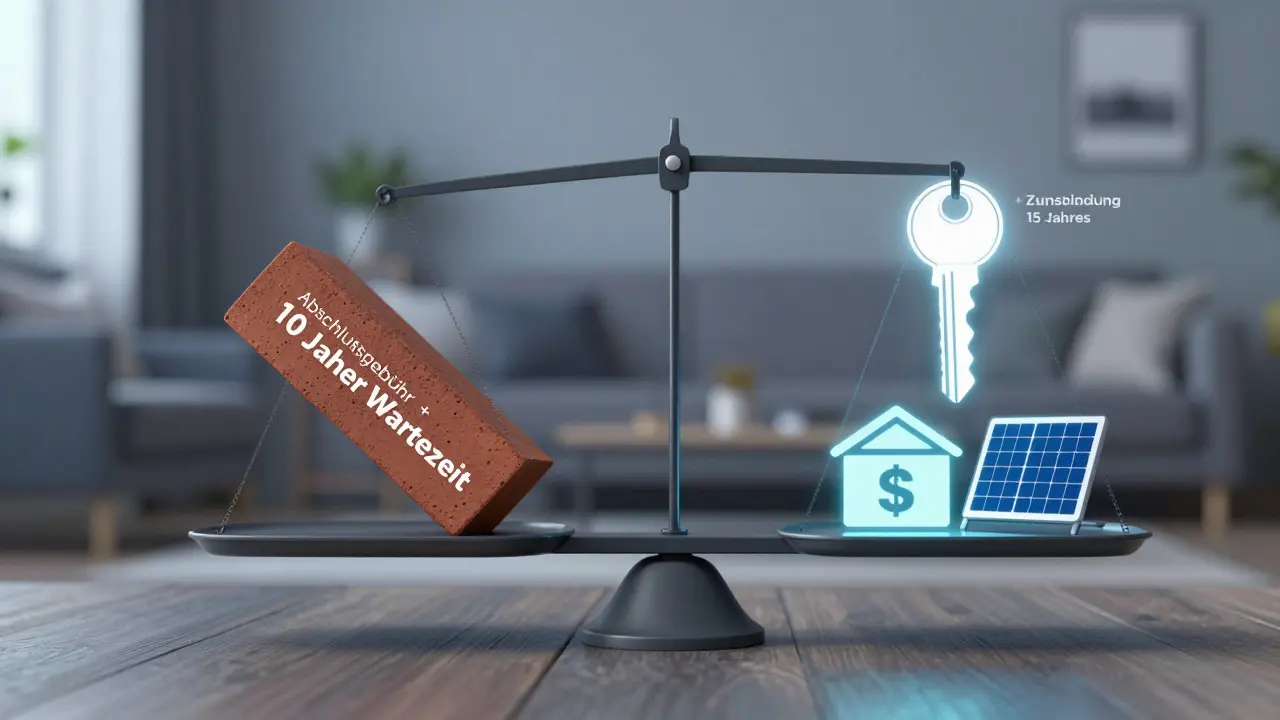 Waage mit Bausparvertrag vs. KfW-Kredit in Wohnzimmer, Symbol für Finanzentscheidung mit Tagesgeld und Solarpanel.