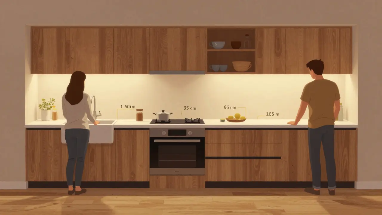 Zwei Personen mit unterschiedlicher Körpergröße nutzen jeweils ihre optimale Küchenarbeitszone ohne sich zu verrenken.