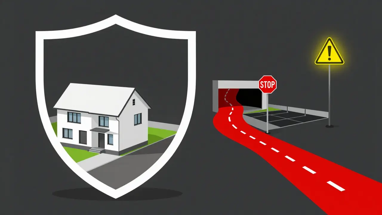 Zwei Seiten eines Schildes: eine Seite zeigt freie Baufreiheit, die andere einen blockierenden Weg — symbolisch für rechtliche Einschränkungen.