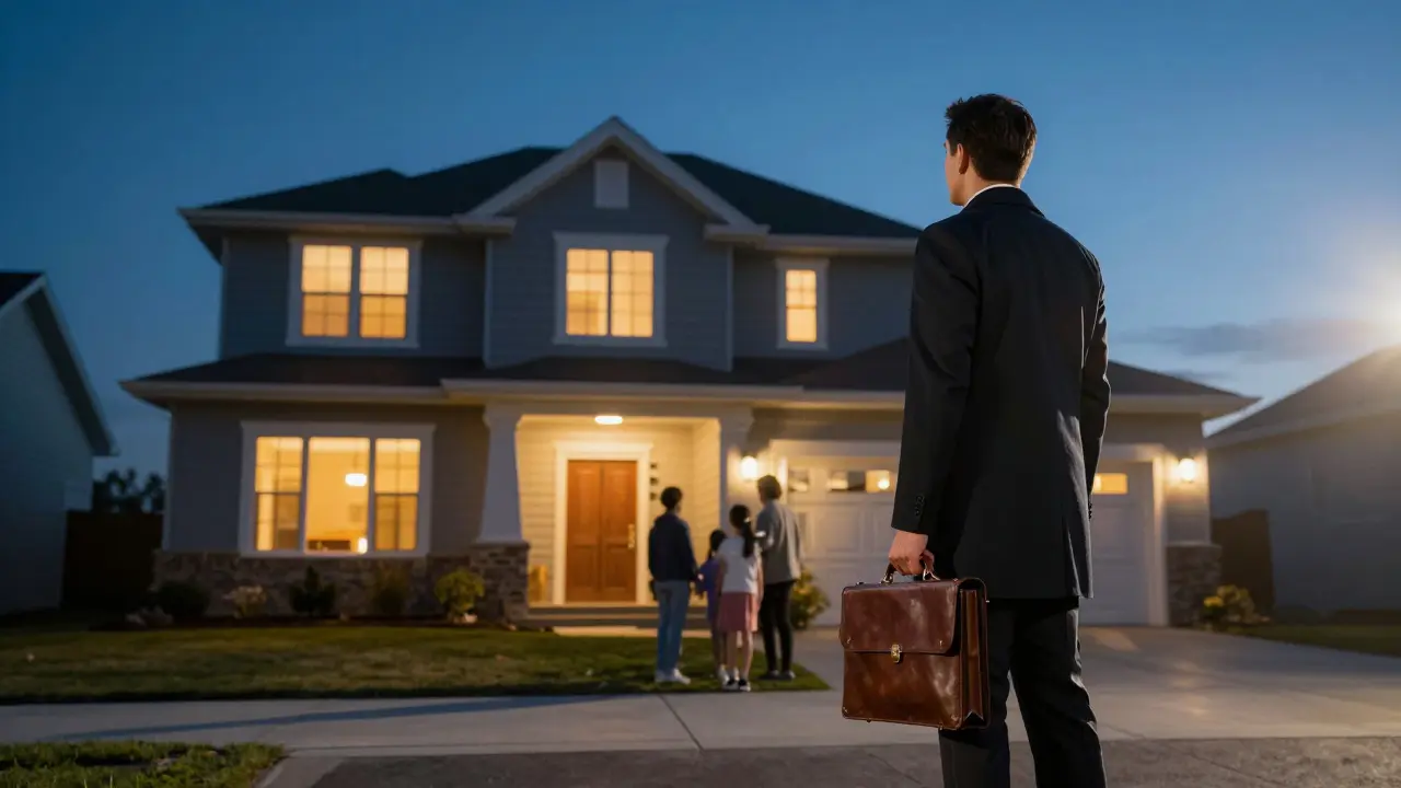 Berater sichert Erbe vor einem modernen Einfamilienhaus.