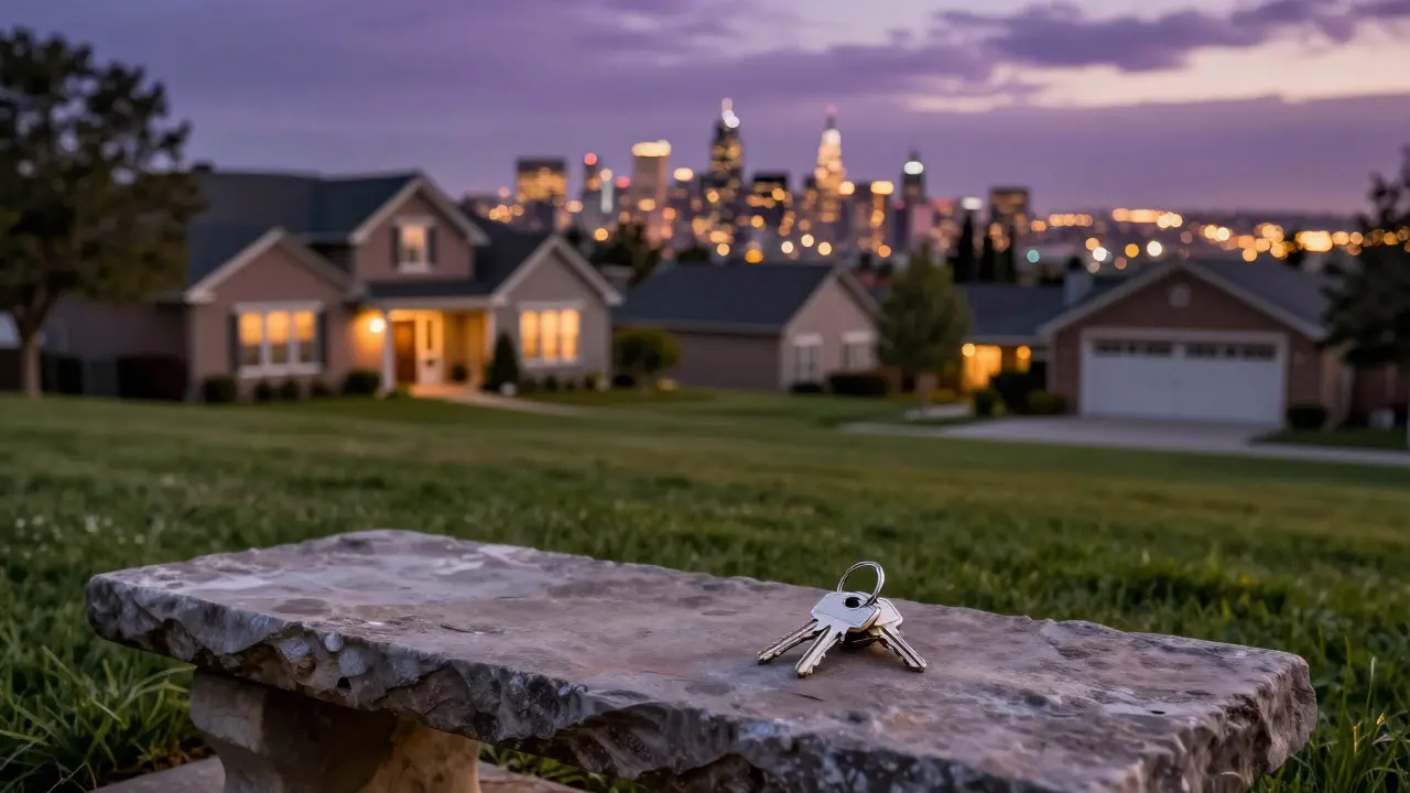 Blick von Garten auf Stadt bei Dämmerung mit Schlüsseln auf der Bank.