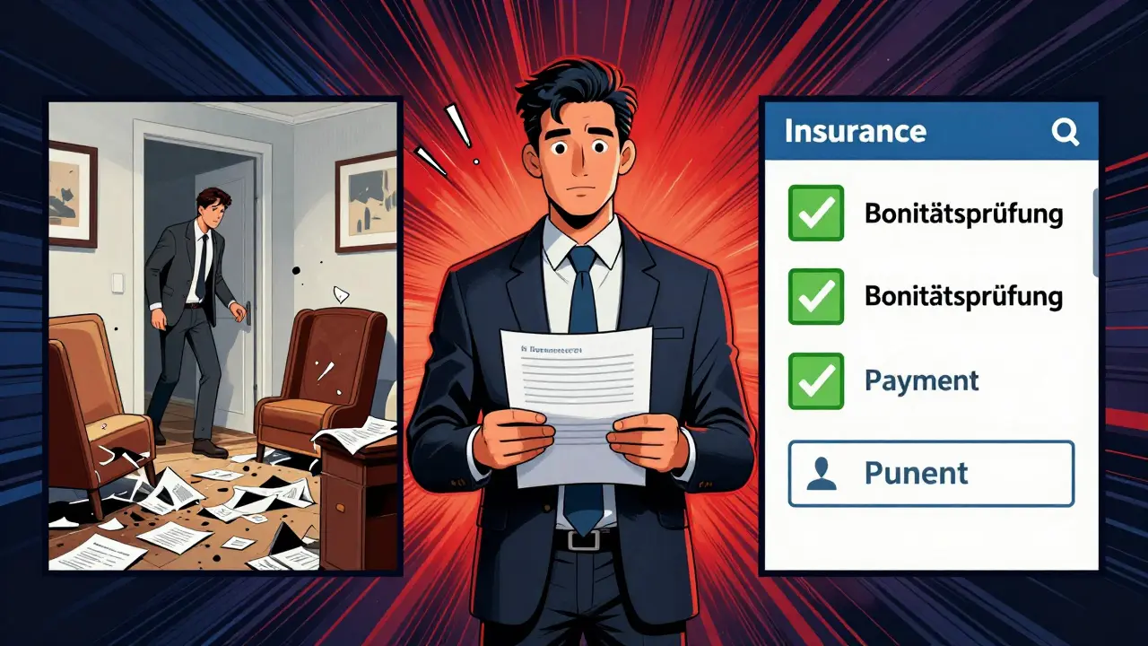 Comic-Stil: Vergleich von Mietausfall, Versicherungsantrag und digitaler Prüfung mit dramatischen Farben und Szenen.