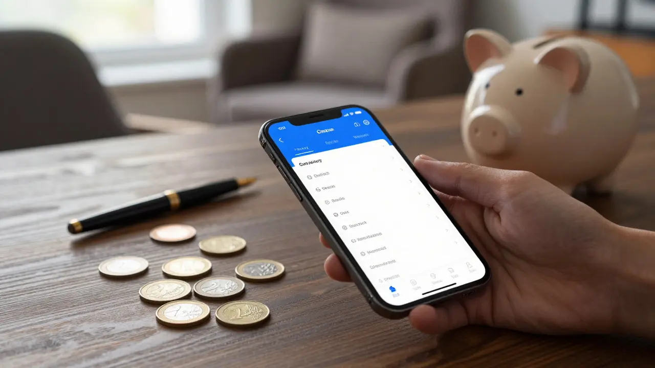 Digitaler Rechner für Rücklagenbildung neben Sparschwein auf Schreibtisch