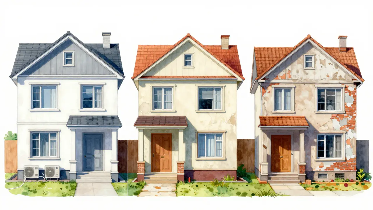 Drei Häuser unterschiedlichen Alters zeigen steigenden Wartungsaufwand