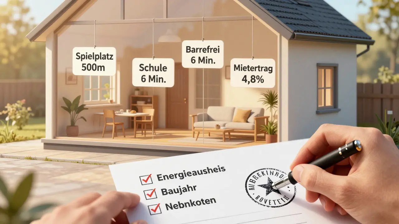 Durchsichtiges Haus mit schwebenden Datenmarkern für Lage, Ausstattung und Mietertrag, darunter geprüfte Checkliste mit offiziellen Stempel.