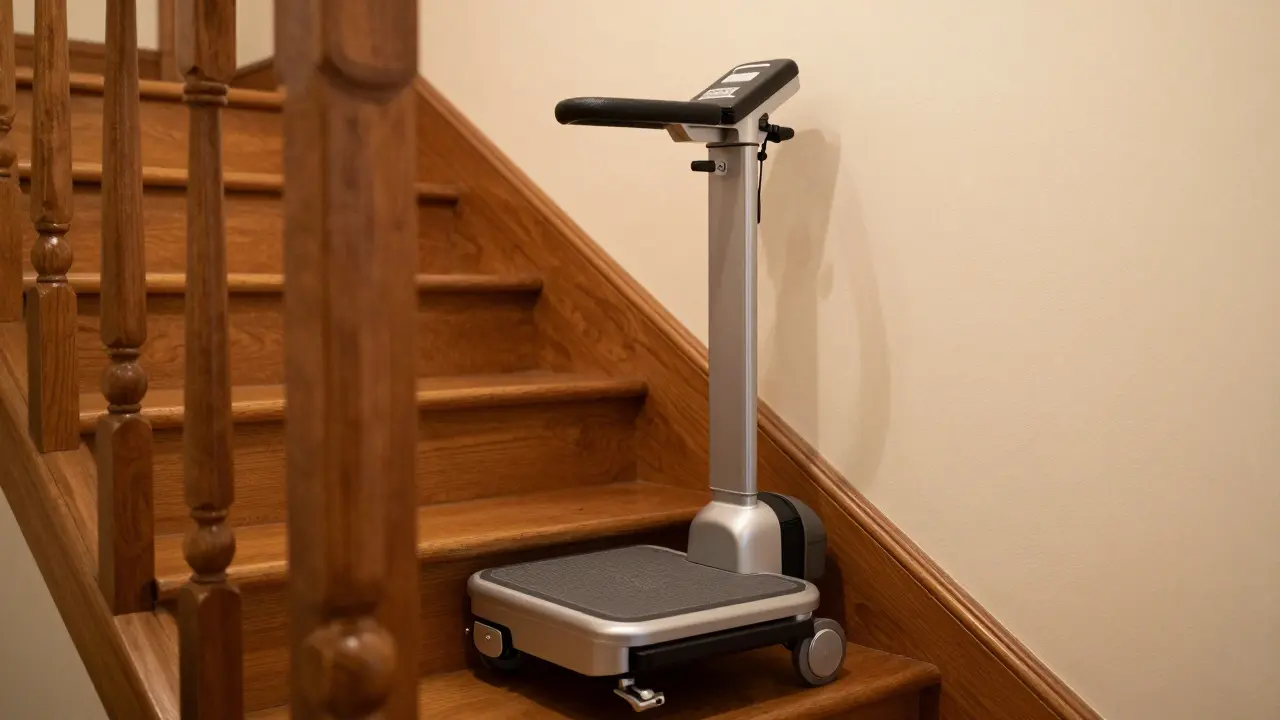 Ein kompakter Stehlift mit schmaler Einrohrschiene an einer engen Innentreppe, Sicherheitsgriff und automatische Bremse sichtbar.