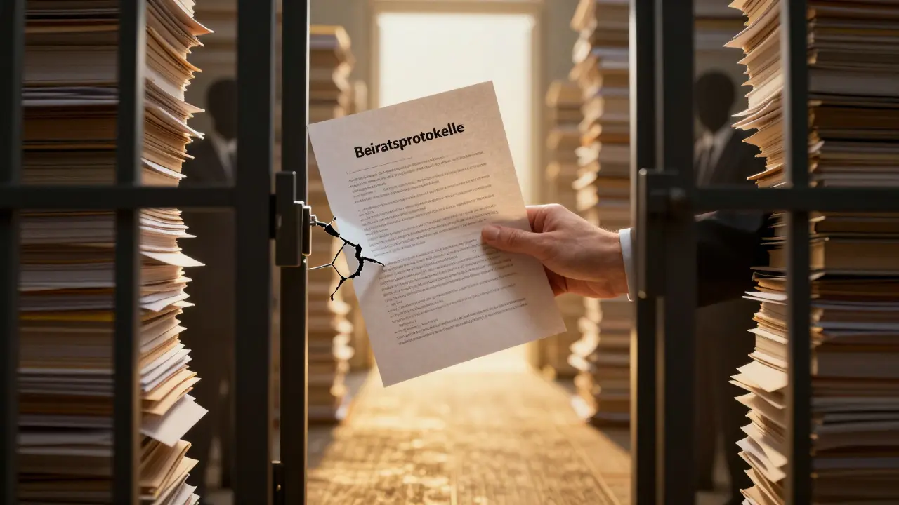 Eine Hand öffnet ein verschlossenes Tor aus Rechtsdokumenten, das Recht auf Einsicht symbolisierend.