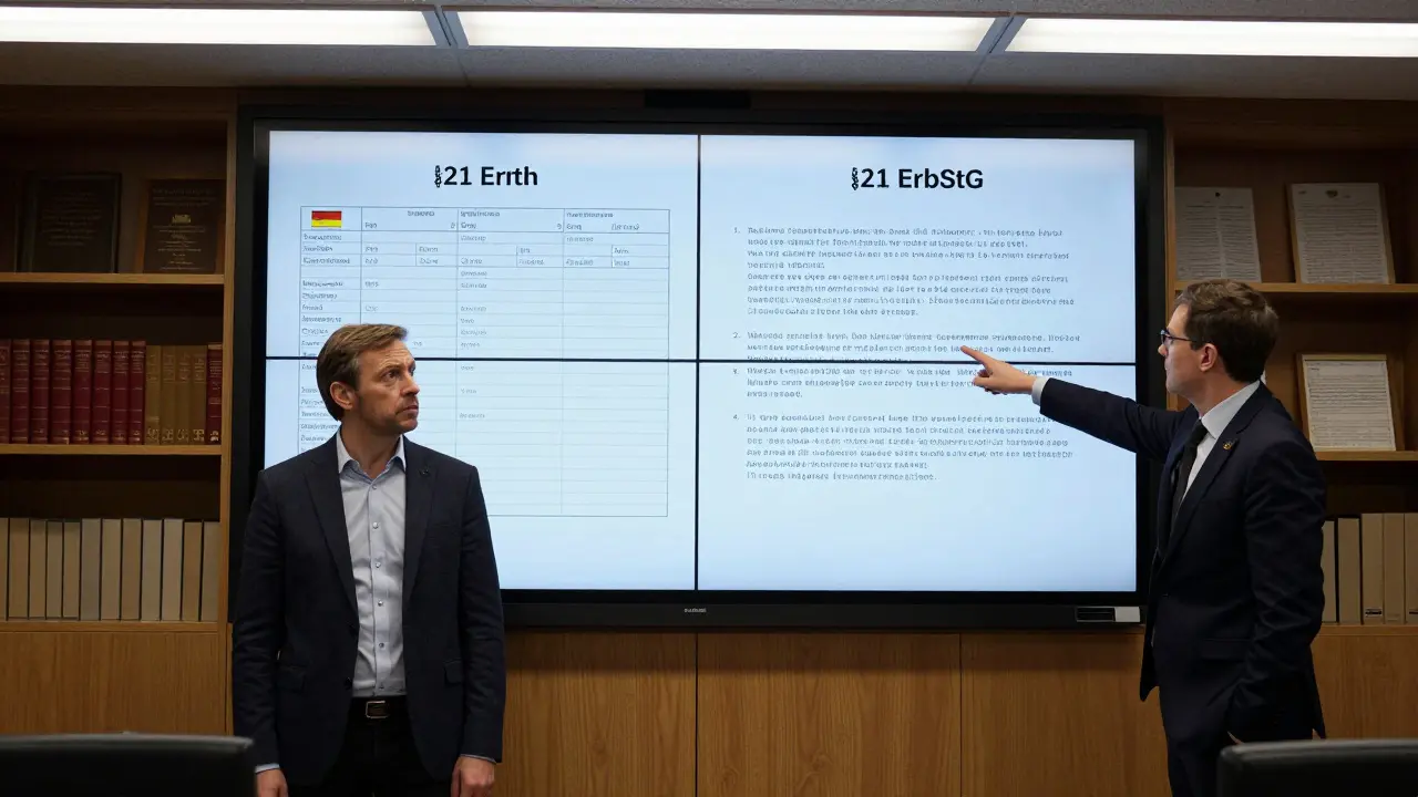 Erbe vor einem deutschen Finanzamt mit zwei Steuerrechnungen aus Spanien und Deutschland, unterstützt von einem Anwalt.