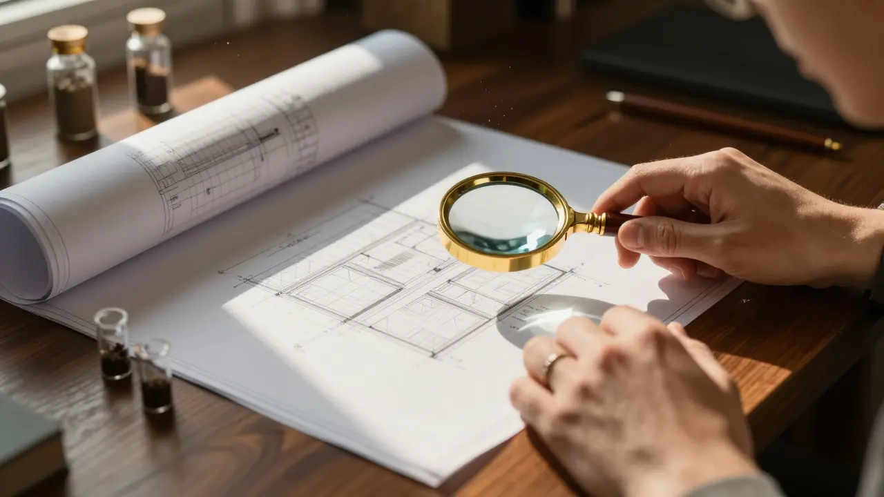 Experte bewertet Immobilie anhand von Plänen und Proben.