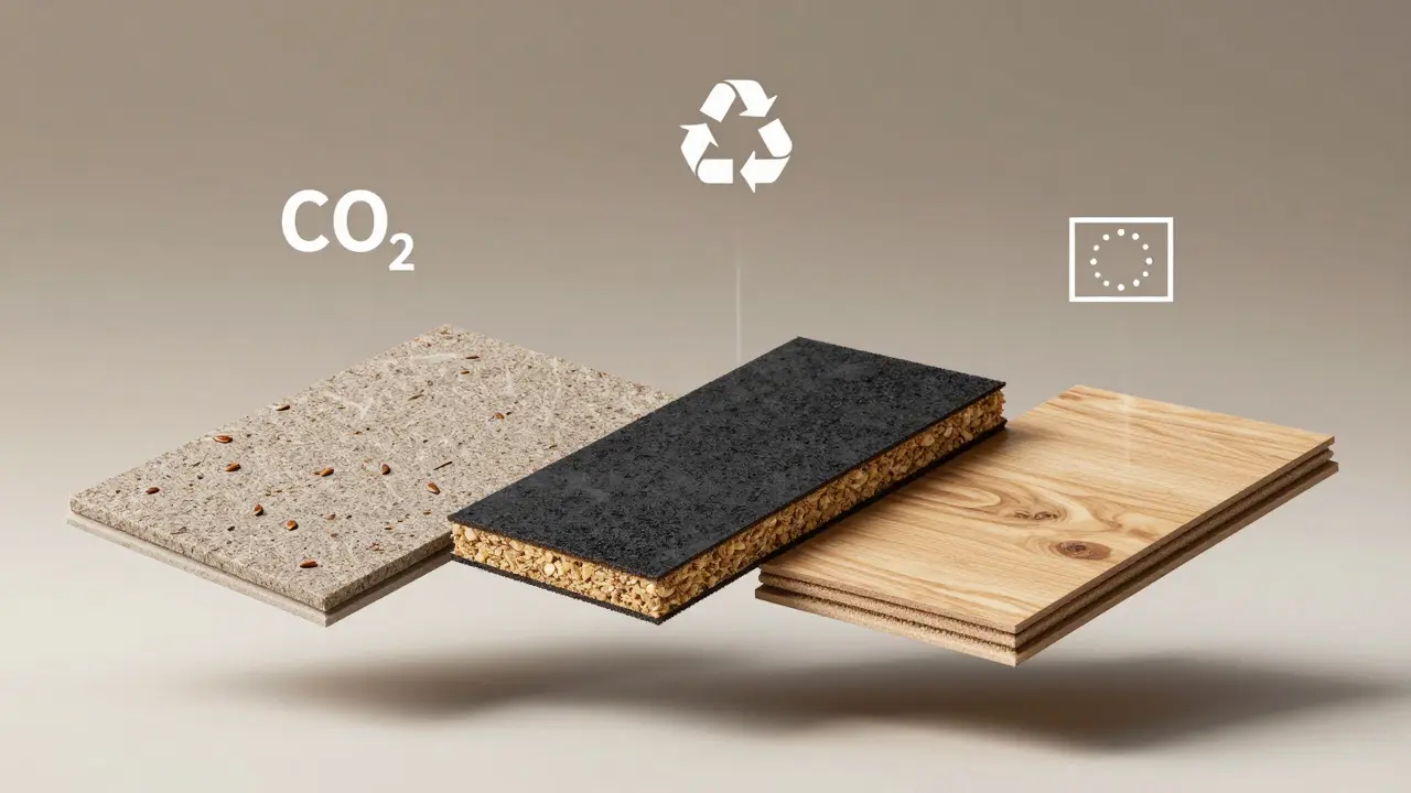 Floating sustainable flooring samples: linoleum, rubber, and biobased material with environmental icons.