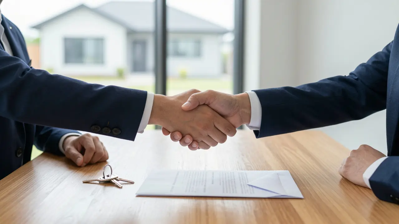 Geschäftlicher Handschlag mit Schlüssel auf dem Tisch.
