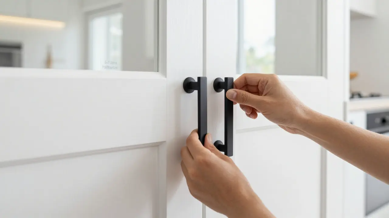 Hände montieren neue Griffe an frisch gestrichene Küchenschränke.