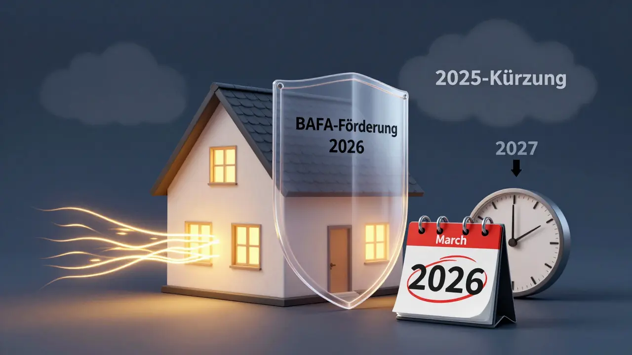 Haus mit energieeffizienten Fenstern, beschützt von Förderung, während altes Budget schwindet – Symbolbild für Zeitdruck bis 2027.