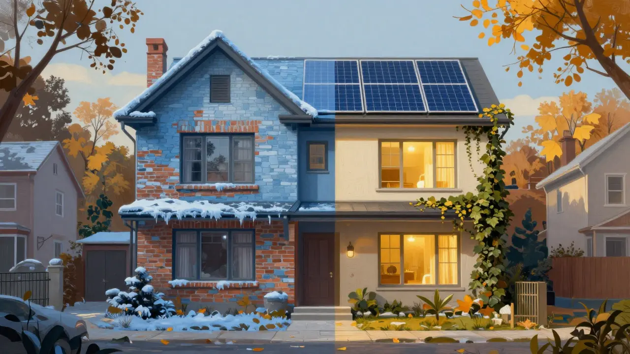 Haus mit kontrastreier Fassade, links alt und kalt, rechts neu und warm beleuchtet.