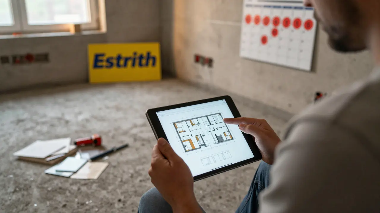 Hausbesitzerin betrachtet digitale Renovierungspläne neben einem frisch gegossenen Estrichboden mit Trocknungshinweis.