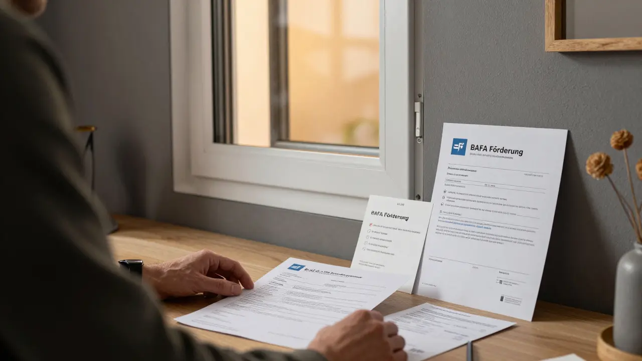 Hausbesitzerin prüft BAFA-Förderbescheinigung neben einem neuen Fenster mit U-Wert-Zertifikat und Rechnung.