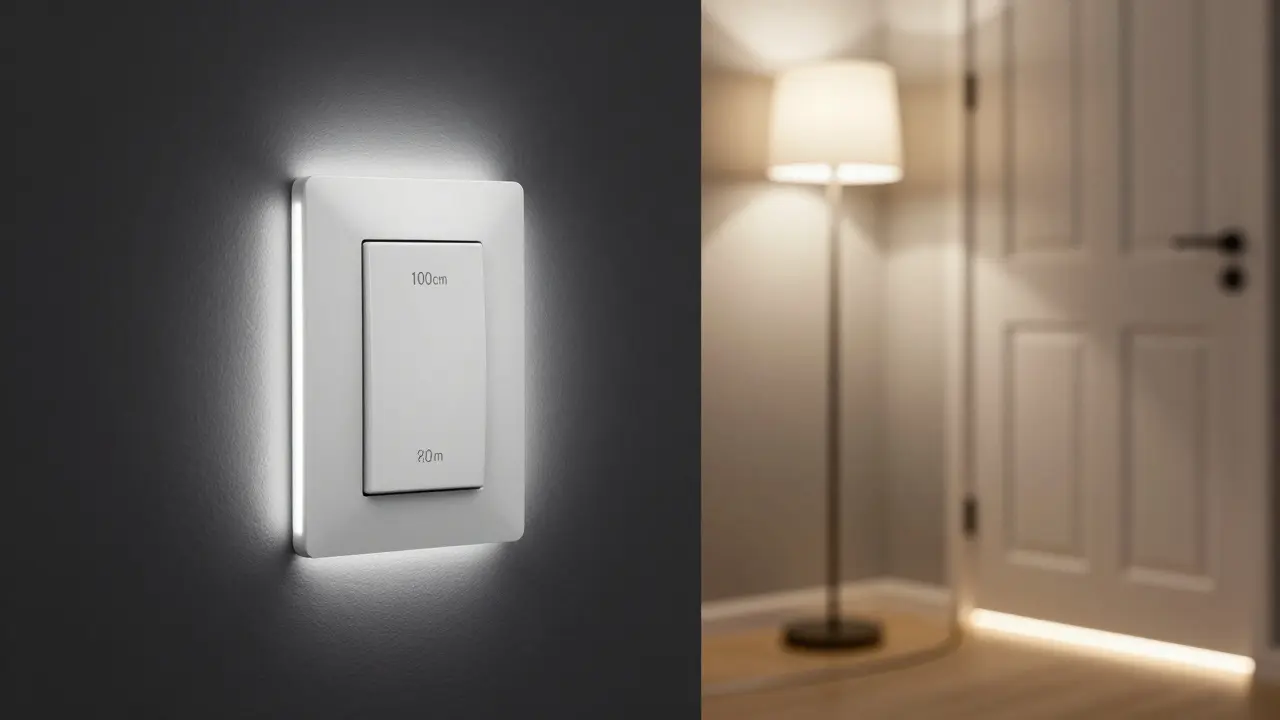 Hochkontrastiger Lichtschalter auf Augenhöhe mit seitlicher Bewegungslampe und Bodenleuchten für Nachtsicht.