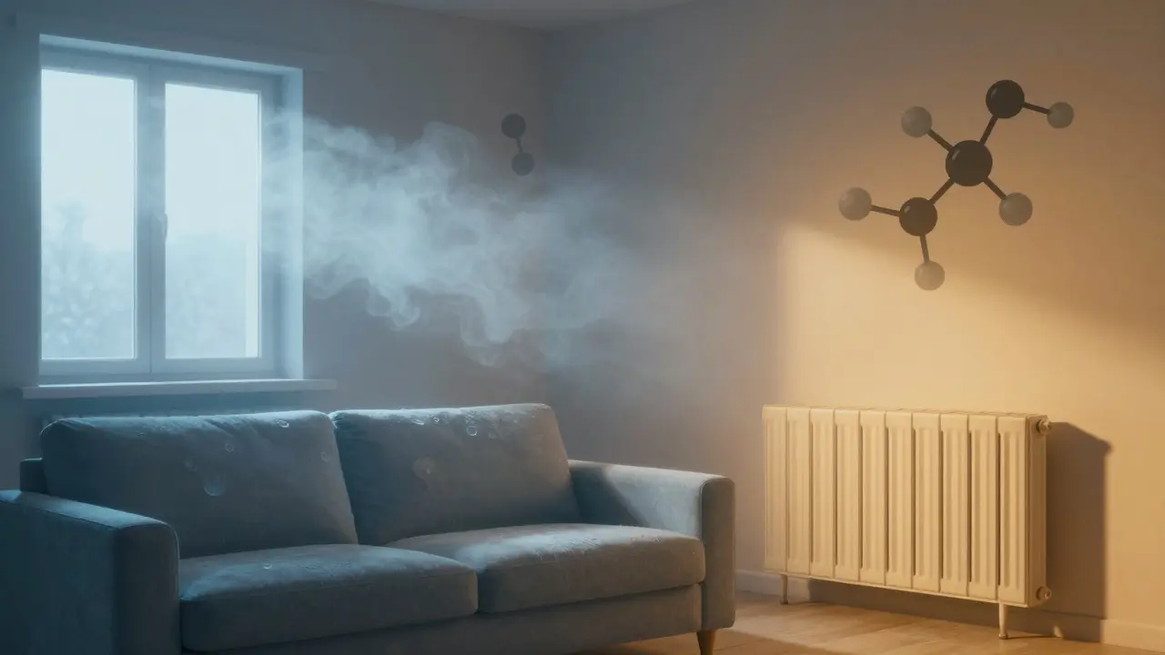 Illustrierte Darstellung des Fogging-Effekts: Chemische Rückstände an Wänden und Möbeln, die bei Temperaturwechseln wieder freigesetzt werden.