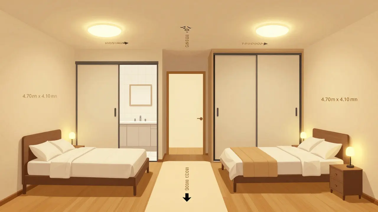 Layout eines barrierefreien Schlafzimmers mit klaren Wegen, rutschfestem Boden und optimierter Möbelanordnung.