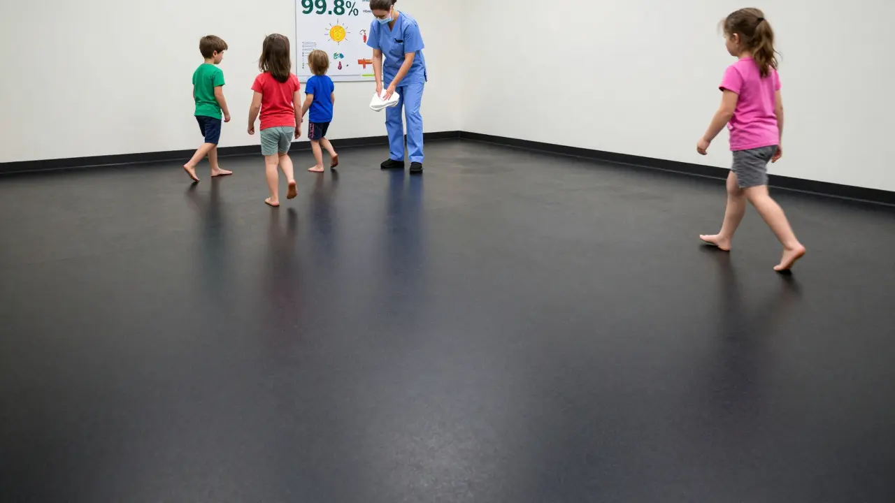 Matte rubber floor in a clinic, showing durability and hygiene, with children walking barefoot and a nurse cleaning.