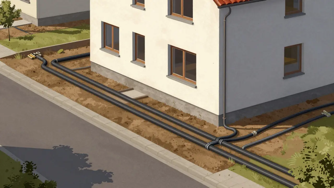 Modernes Haus im Bau mit klar getrennten öffentlichen und privaten Versorgungsleitungen, die vom Straßenrand bis zum Fundament verlaufen.