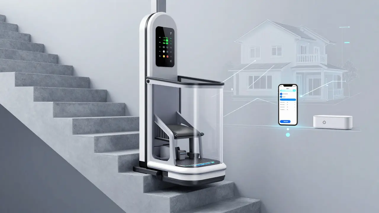 Modernster Treppenlift mit IoT-Anzeige, der Daten auf einem digitalen Panel zeigt und mit Smart-Home-System verbunden ist.