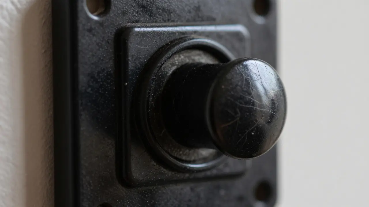 Nahaufnahme eines alten schwarzen Bakelit-Schalters mit feinen Rissen.