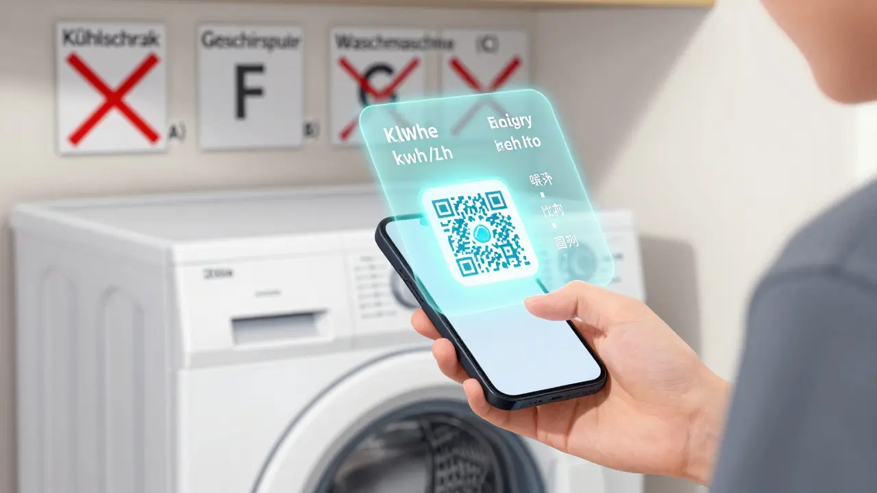 Person scannt QR-Code an Waschmaschine, die Energieverbrauchsdaten in der Luft als transparente Info-Anzeige zeigt.
